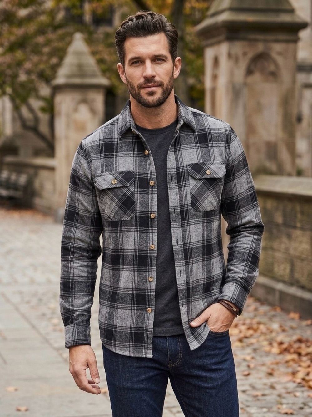 Men's Gray & Black Plaid Button-Front Shirt Jacket